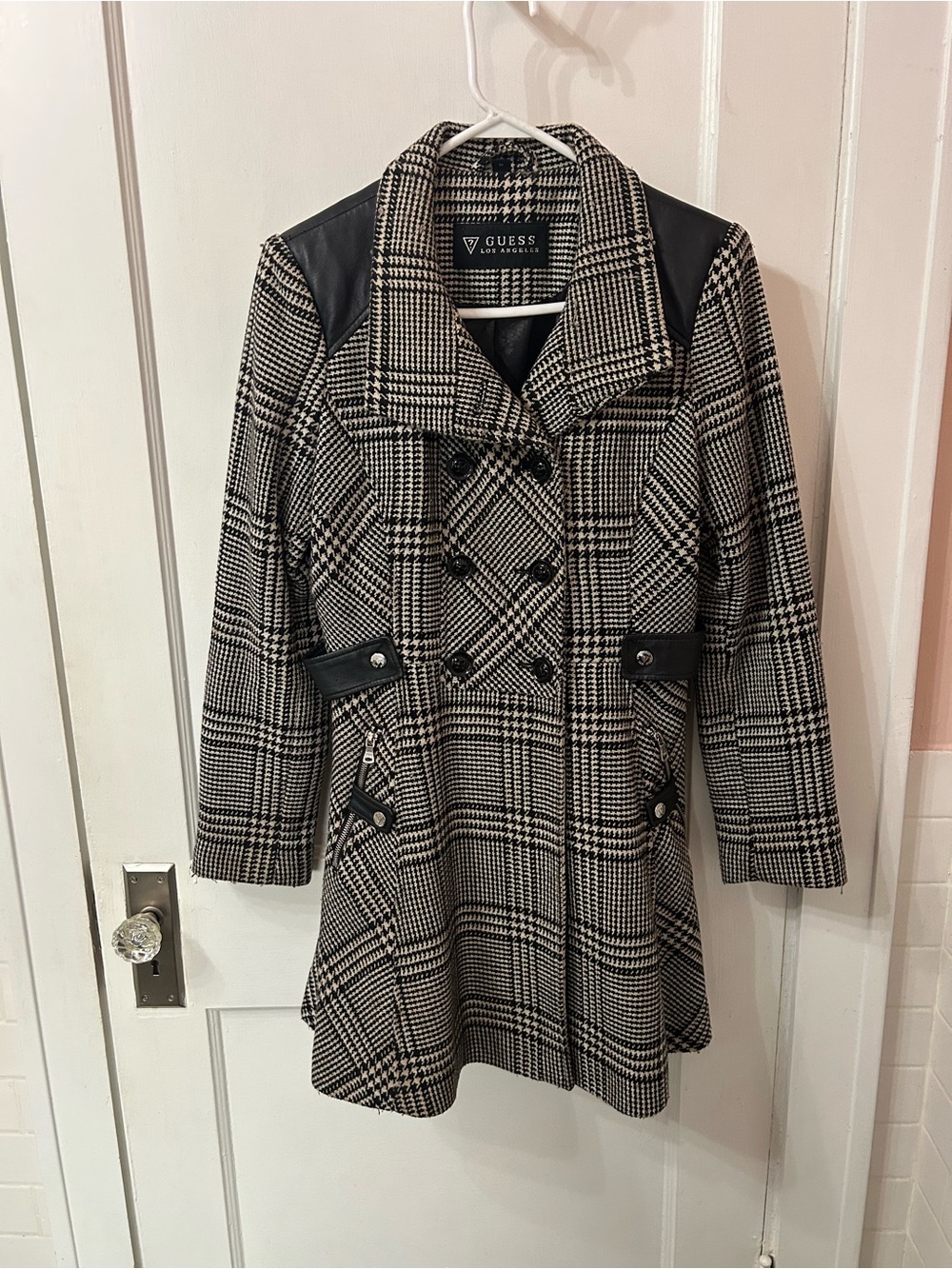 GUESS Black and White Plaid Double-Breasted Pea Coat